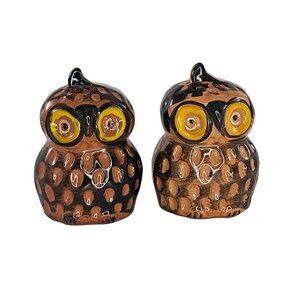 Vintage Our Own Import Japan Owl Salt Pepper Shaker Set Redware Retro 1970s